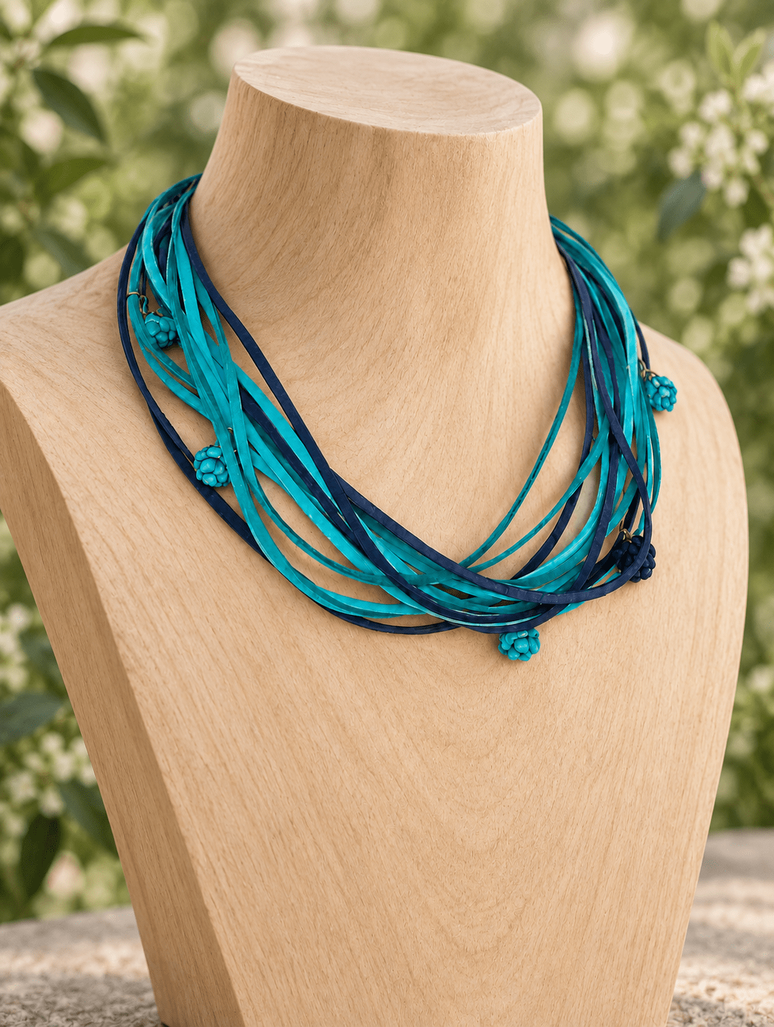 Colar Suede Casulo Curto Blue em couro no busto